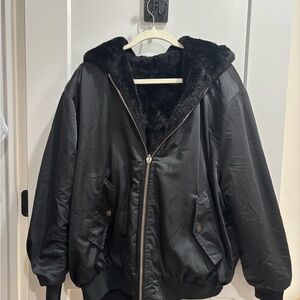Garage Black Bomber Jacket with Faux Fur Lining